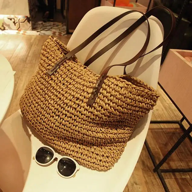 Sac à main pour femme en rotin tressé, sac à bandoulière, grande capacité, sac de plage d'été
