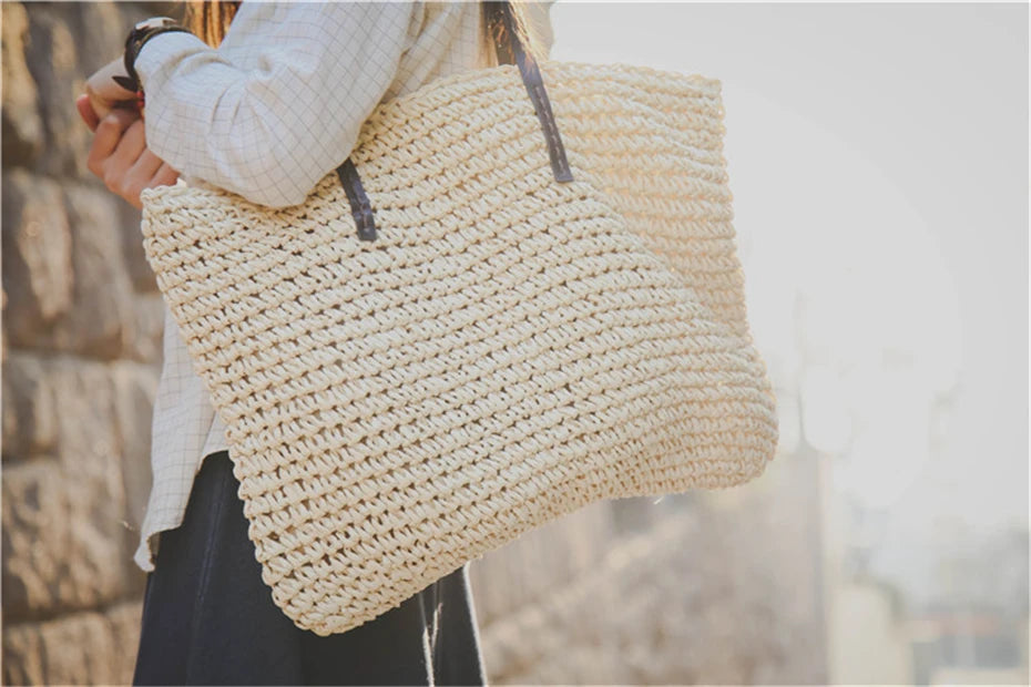 Womens Handbag Rattan Woven Straw Shoulder Bag Large Capacity Summer Beach Bag