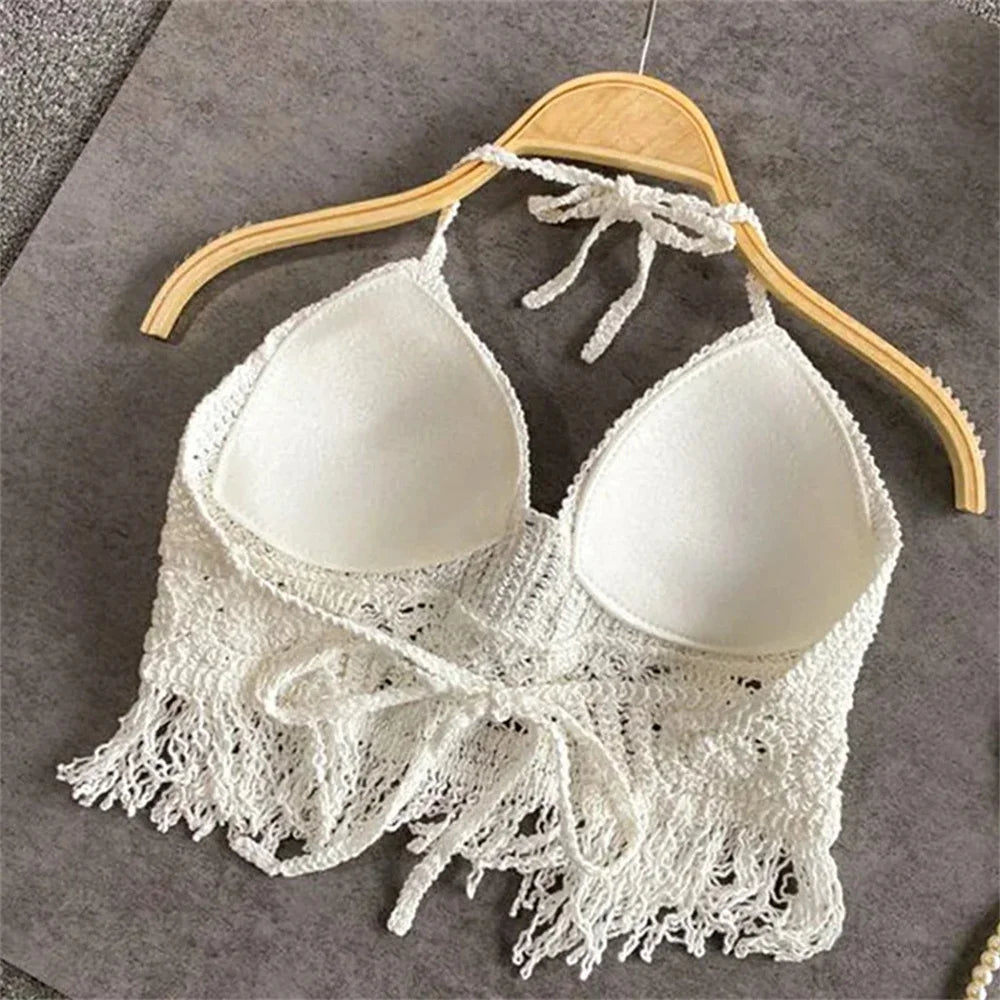 Boho Beach Backless Crochet Knit Camisole Halter Tank Top For Women Crop Tops