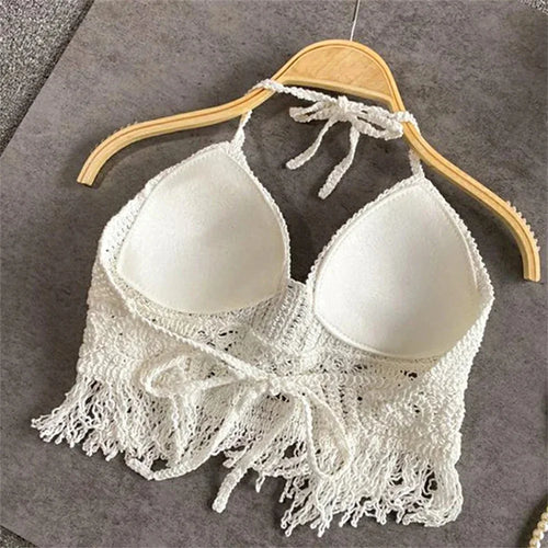 Débardeur Caraco Tricot Crochet Bohème Dos Nu Col Halter Court Pour Femme
