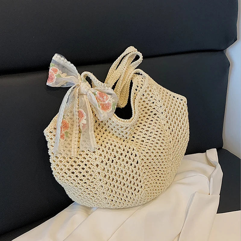 Summer Lace Bow Tote Bag For Women Raffia Rattan Crochet Shoulder Bag 2025
