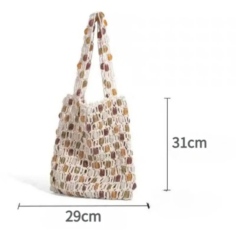 Bohemian Rope Crochet Women Bag Beading Beach Bag Handmade Woven Shoulder Bag