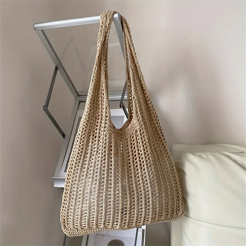 Yogodlns Solid Color Crochet Tote Shoulder Bag Bohemian Woven Handbag