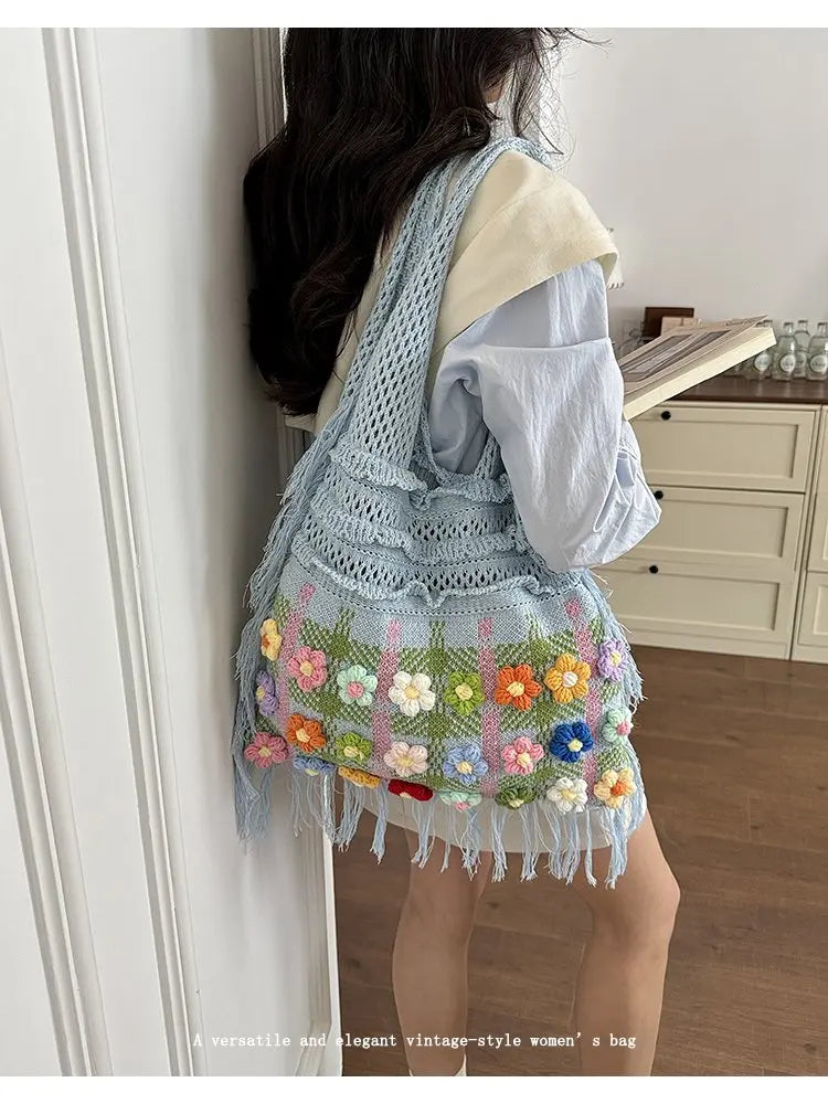 Women's Large Crochet Shoulder Tote Bag For Casual Daily Use School Commute