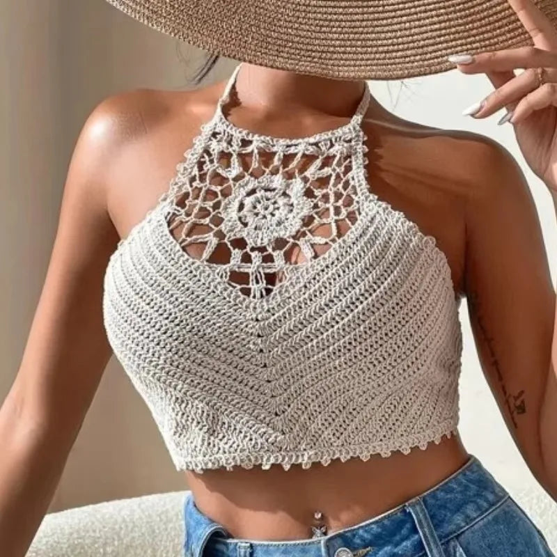 Haut de maillot de bain bustier en crochet, évidé, bretelles réglables, bonnets rembourrés, style Y2K