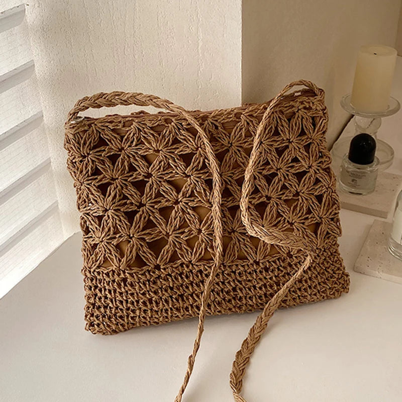 Women Beach Woven Straw Shoulder Messenger Bag Boho Crossbody Macrame Purse