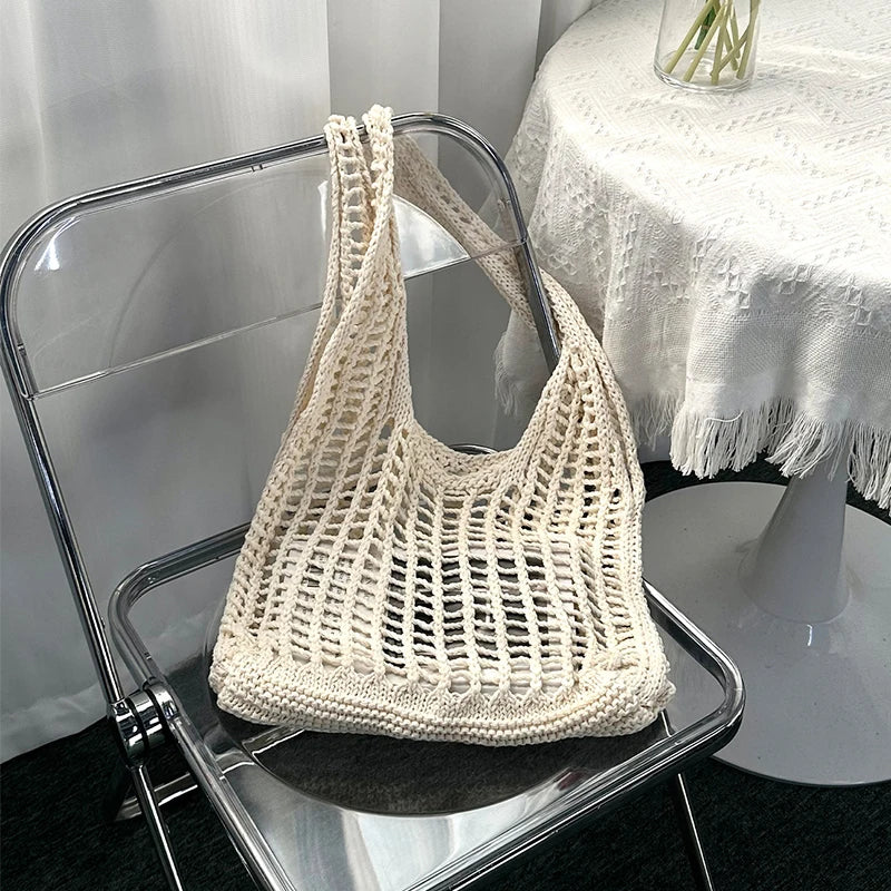 Solid Color Knitting Shoulder Bag Hollow Out Bohemian Crochet Tote For Women