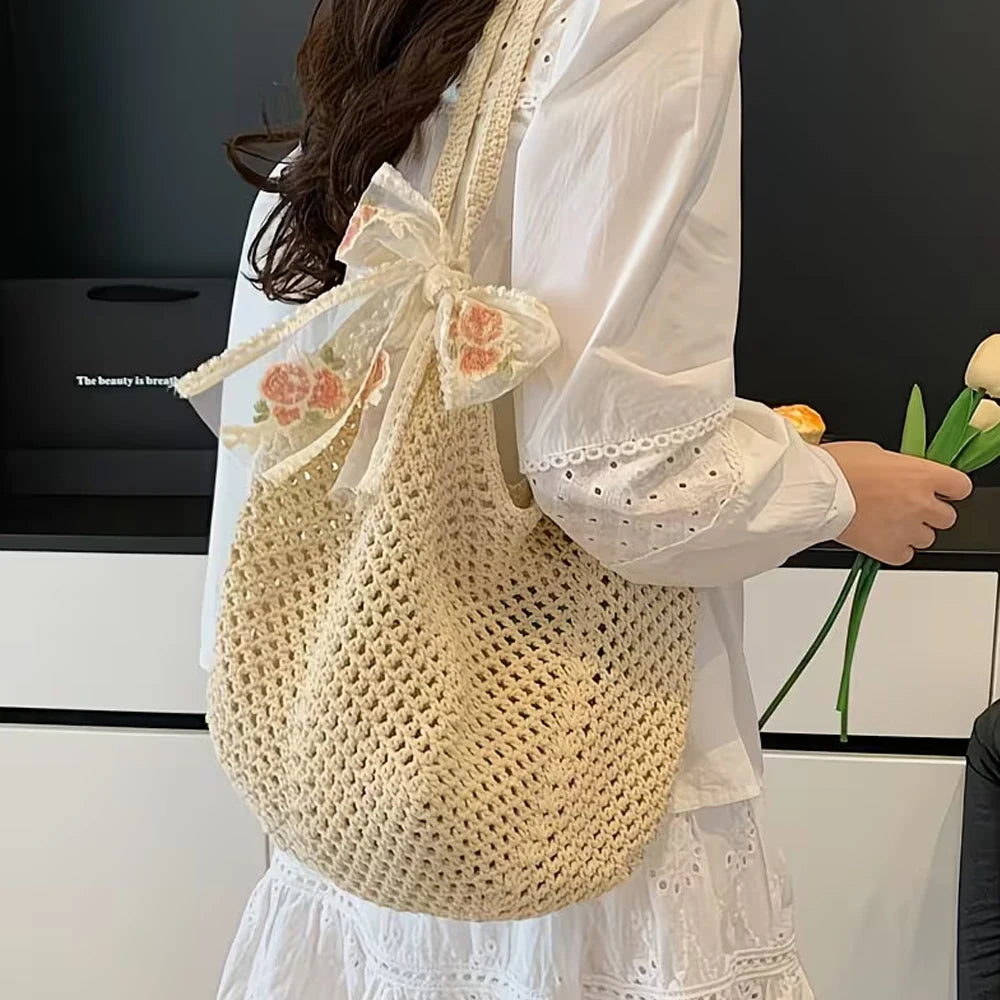 Women's Crochet Tote Bag Ribbon Two Piece Set Large Capacity Hollow Woven Bag