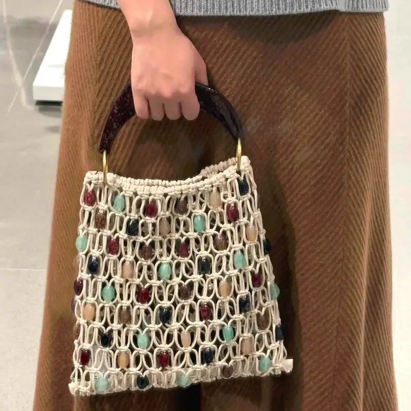 Bohemian Rope Crochet Women Bag Beading Beach Bag Handmade Woven Shoulder Bag