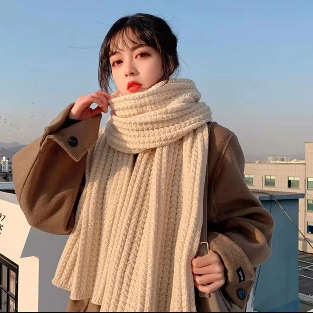 Woolen Knitting Scarf Thick Windproof Thermal Long Shawl Winter Warm For Women