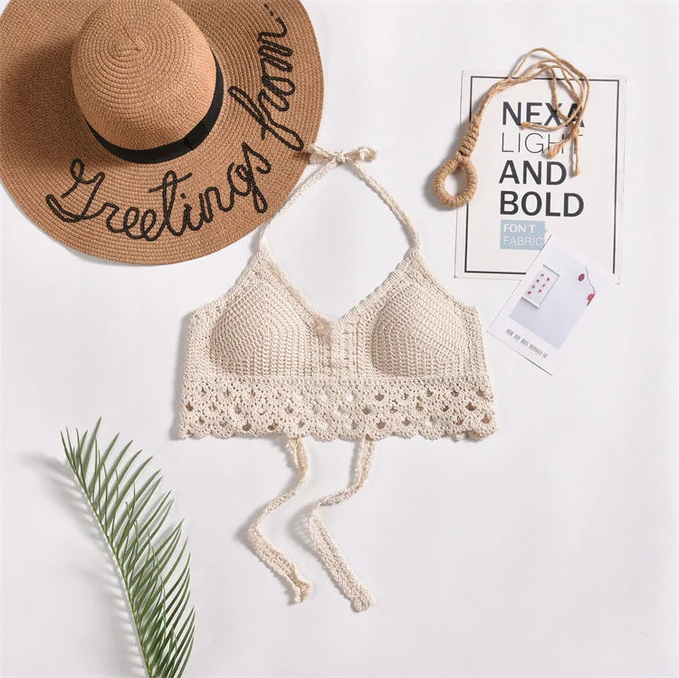 Crochet Bustier Beach Top HollowOut Adjustable Straps Padded Cups Y2K Swimwear