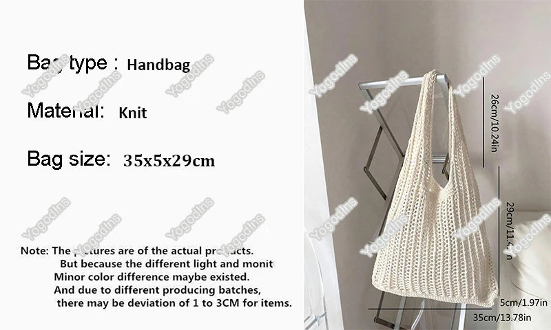 Yogodlns Solid Color Crochet Tote Shoulder Bag Bohemian Woven Handbag