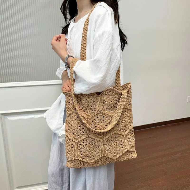 Handmade Cotton Thread Woven Granny Square Shoulder Bag Large Capacity For Women