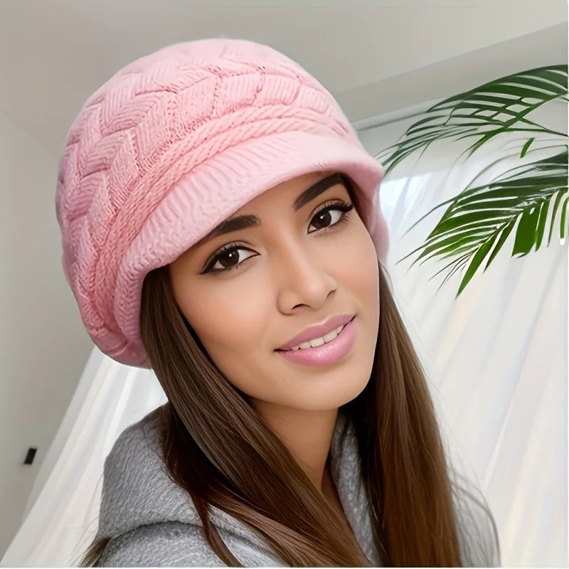 Bonnet en tricot d'hiver rétro pour femme avec visière pour la course à pied et le ski en extérieur