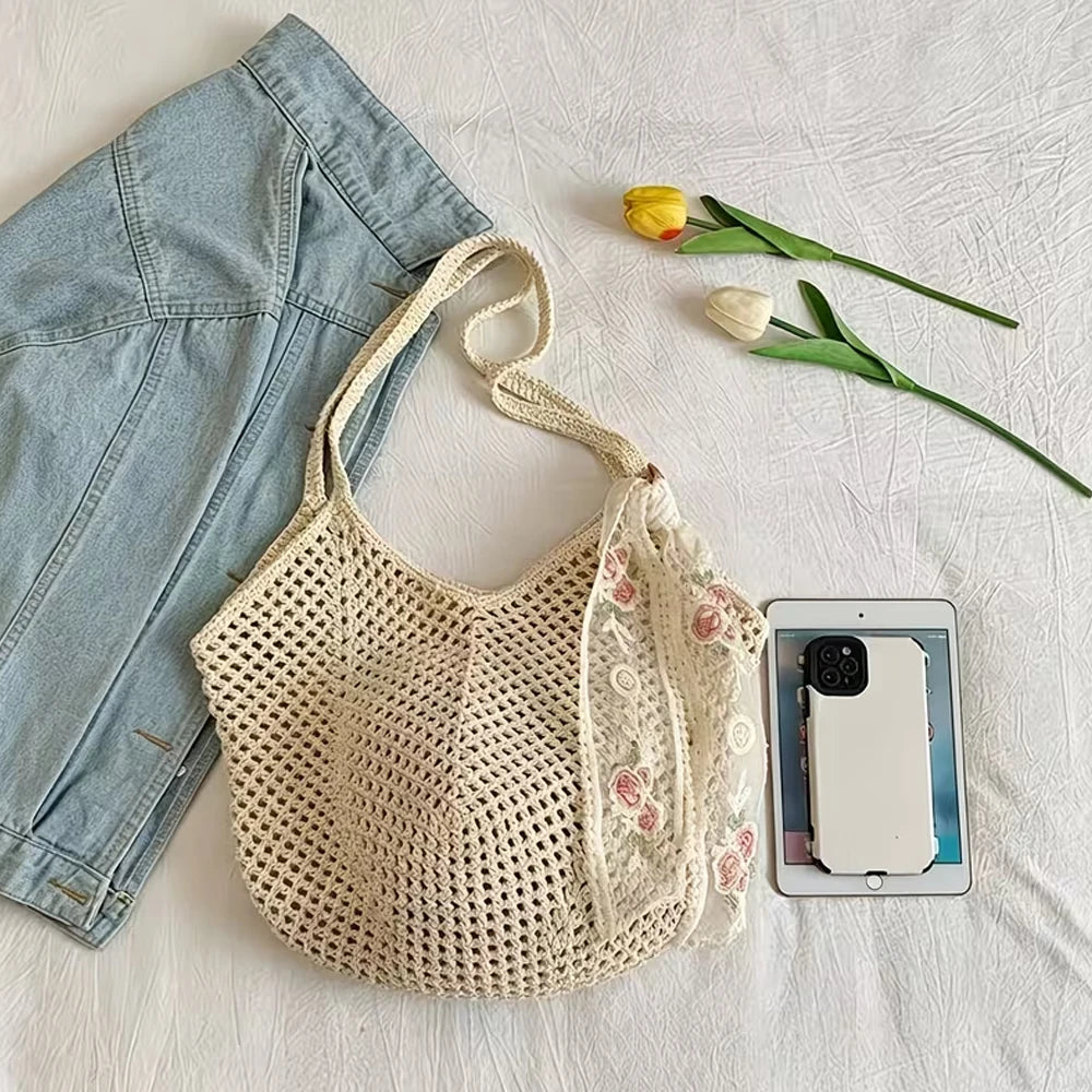 Women's Crochet Tote Bag Ribbon Two Piece Set Large Capacity Hollow Woven Bag