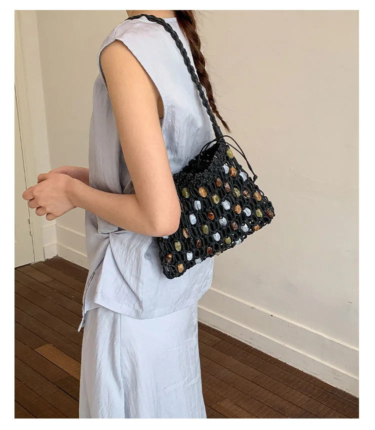 Hollow Beading Womens Shoulder Bag Rope Knitting Bohemian Crochet Mesh Tote Bag