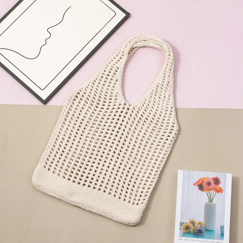 Sac à bandoulière en tricot de couleur unie avec motif ajouré, cabas en crochet bohème pour femmes