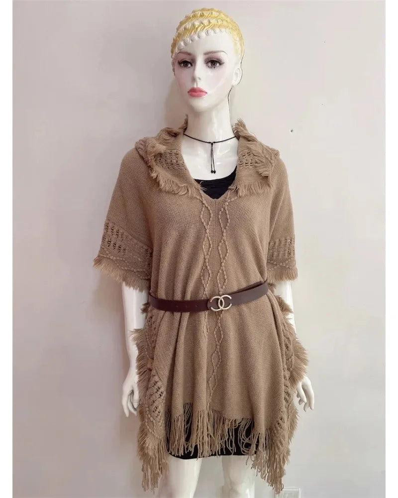 Hooded Crochet Cloak Poncho Shawl Boho Chic Knit Wrap For Women