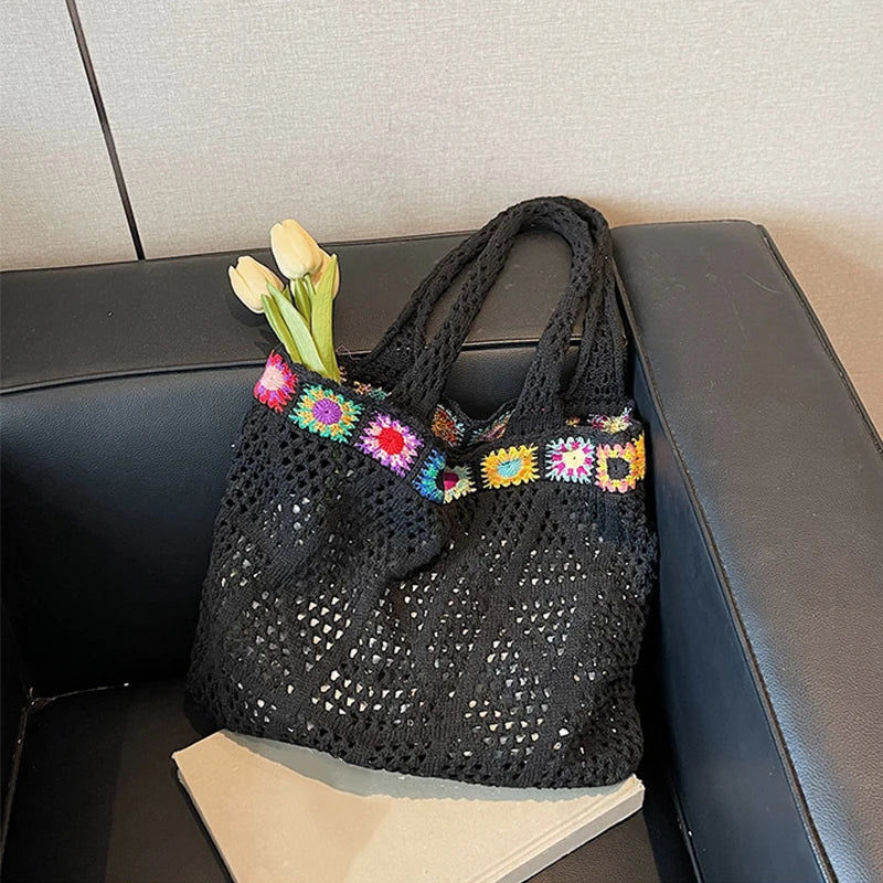 Bohemian Handmade Beach Tote Bag Beads Trim Straw Crochet Women Shoulder Bag