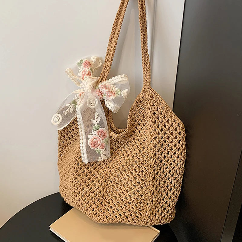 Summer Lace Bow Tote Bag For Women Raffia Rattan Crochet Shoulder Bag 2025