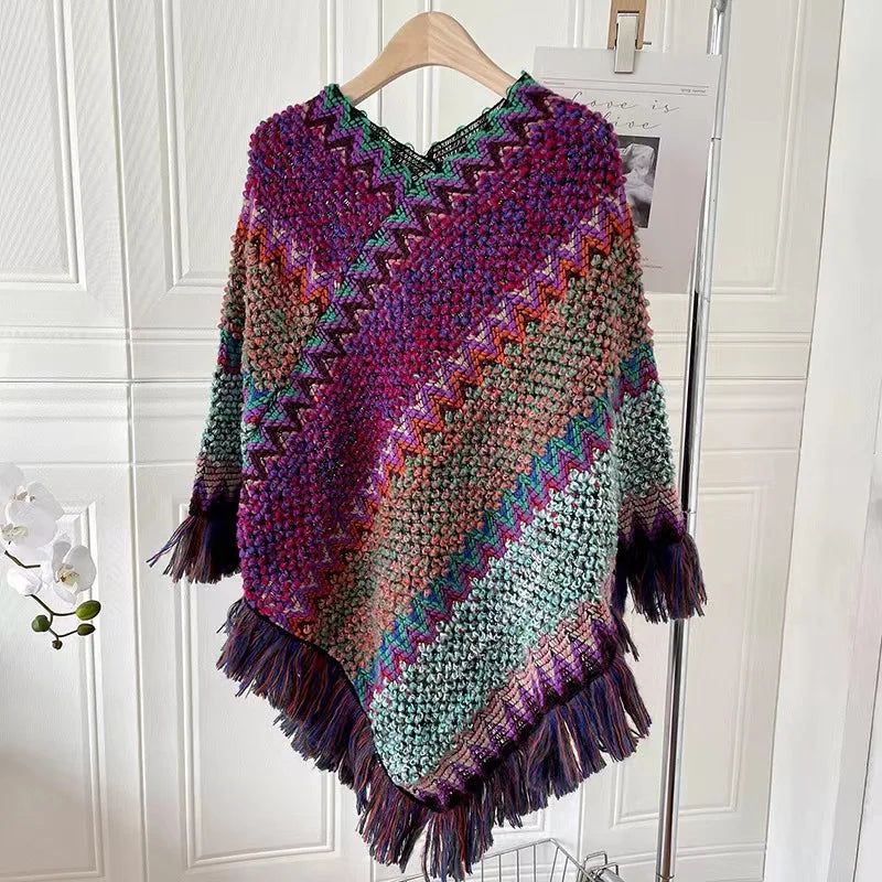 Striped Tassel Knit Shawl For Women Poncho Style Polyester 65x70cm