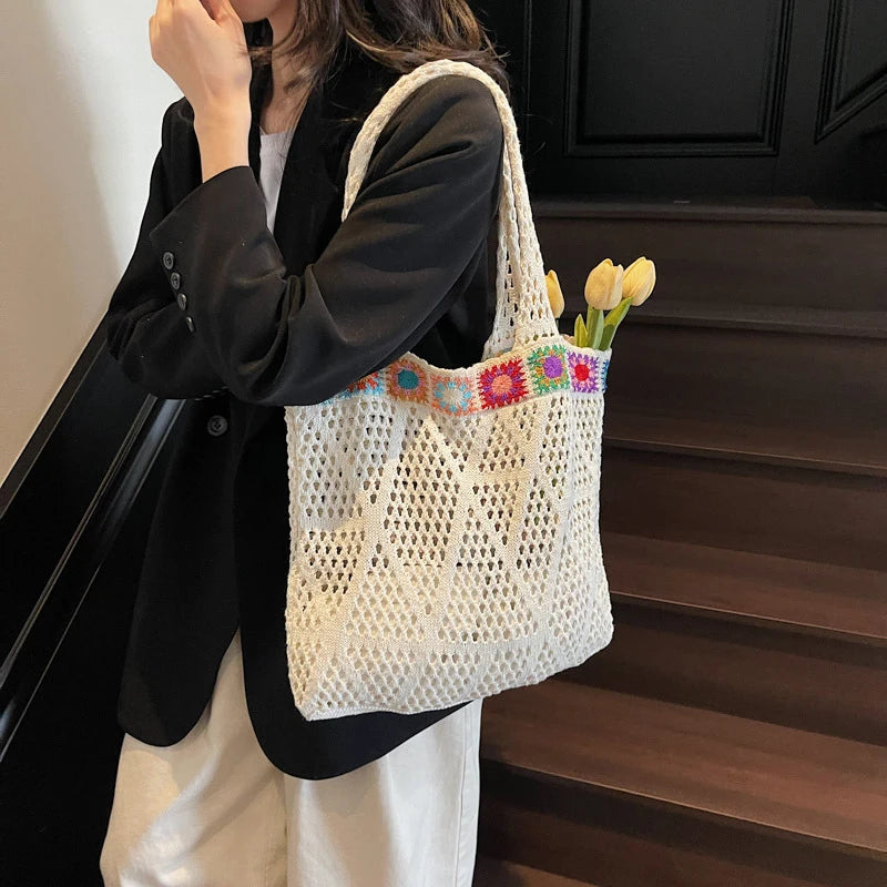 Bohemian Handmade Beach Tote Bag Beads Trim Straw Crochet Women Shoulder Bag