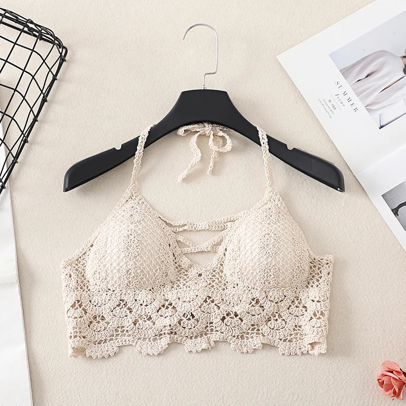Débardeur court d'été en crochet ajouré pour femme, dos nu, style bandeau dos nu, pour la plage