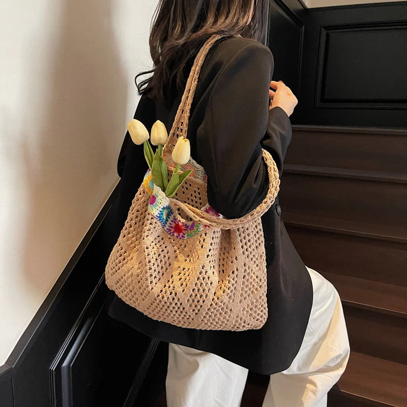 Bohemian Handmade Beach Tote Bag Beads Trim Straw Crochet Women Shoulder Bag