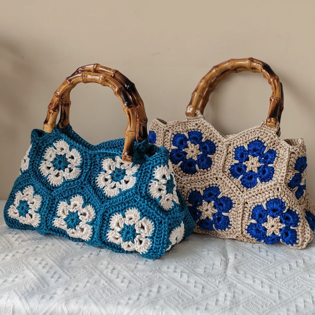 Handmade Crochet Granny Square Tote Bag With Bamboo Style Handle Vintage Flower