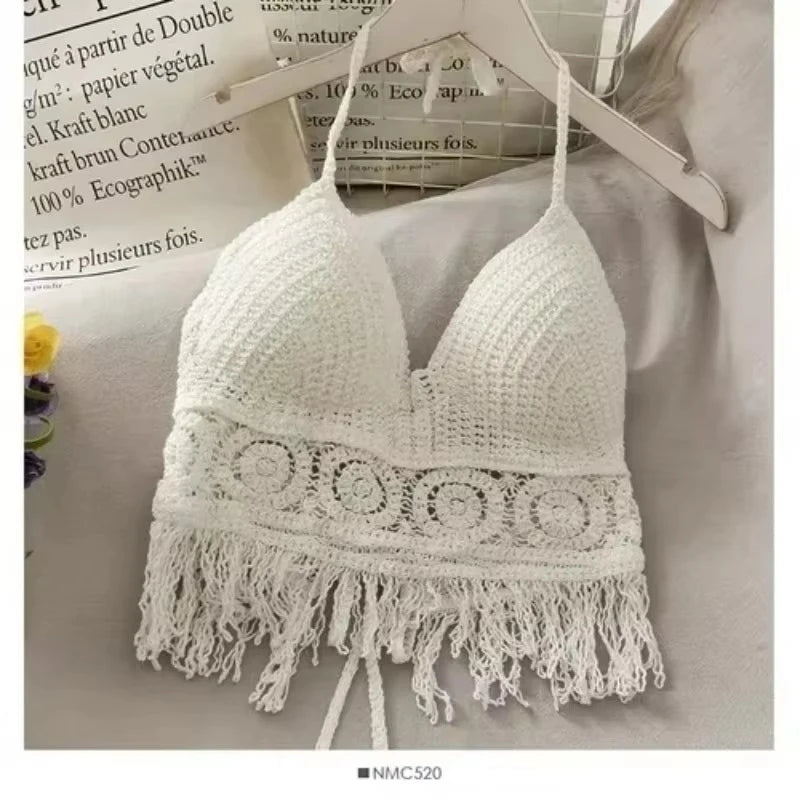 Haut de maillot de bain bustier en crochet, évidé, bretelles réglables, bonnets rembourrés, style Y2K