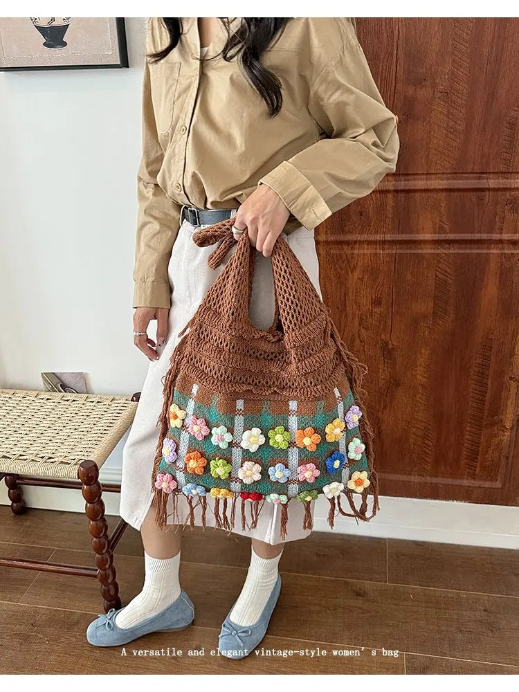 Women's Large Crochet Shoulder Tote Bag For Casual Daily Use School Commute