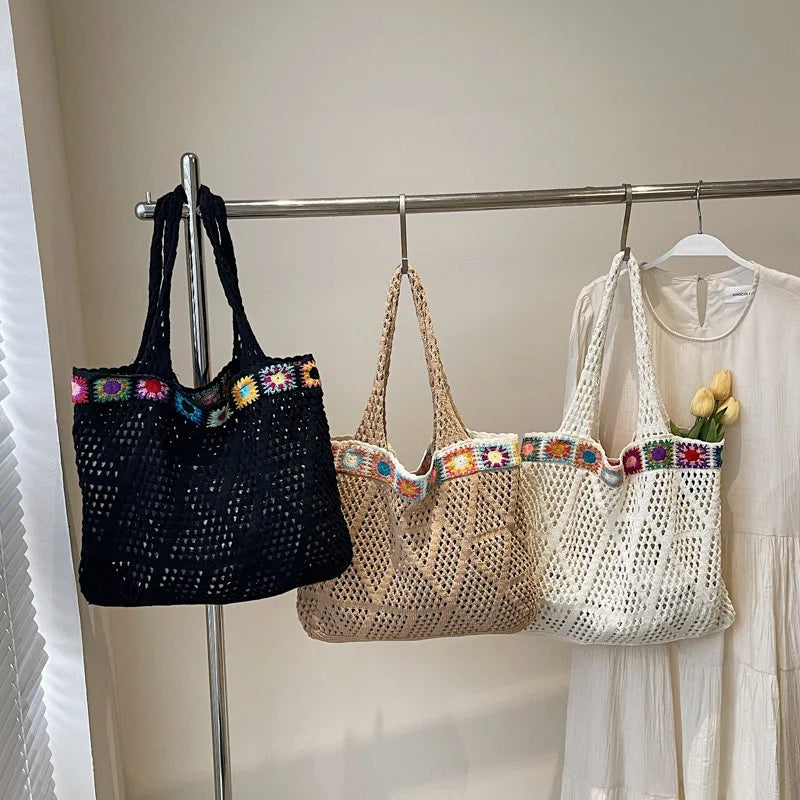 Bohemian Handmade Beach Tote Bag Beads Trim Straw Crochet Women Shoulder Bag