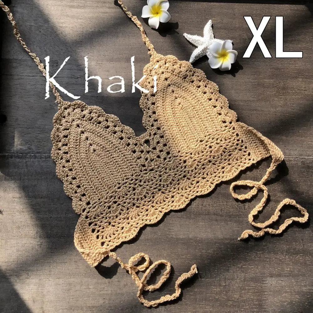 Haut court en crochet à col licou, brassière tricotée, dos nu, bikini, tenue de plage bohème