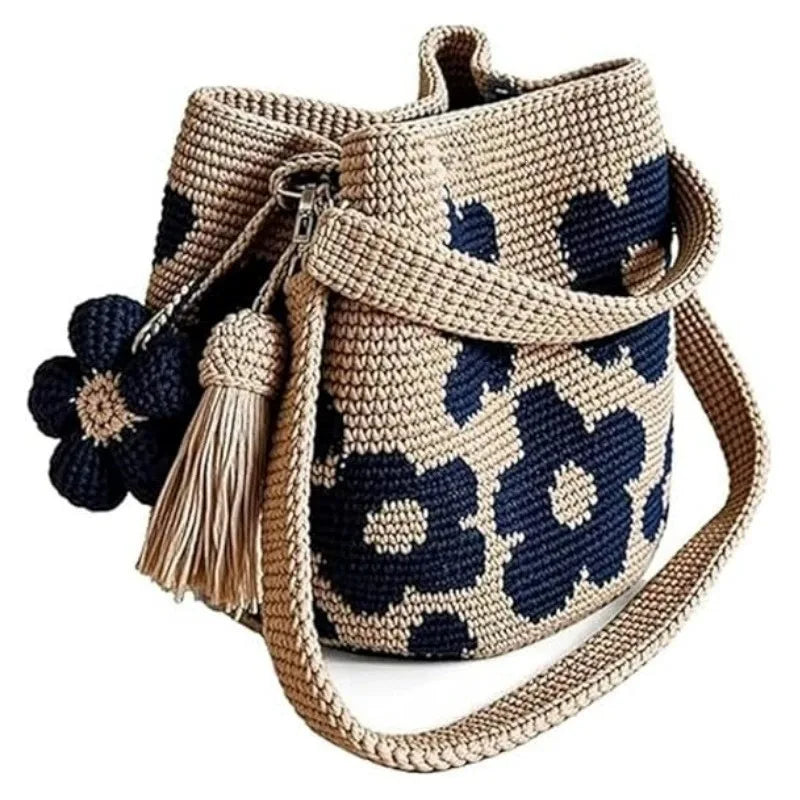 Handmade Crochet Flower Tote Bag Crossbody Purse Boho Beach Bag For Women
