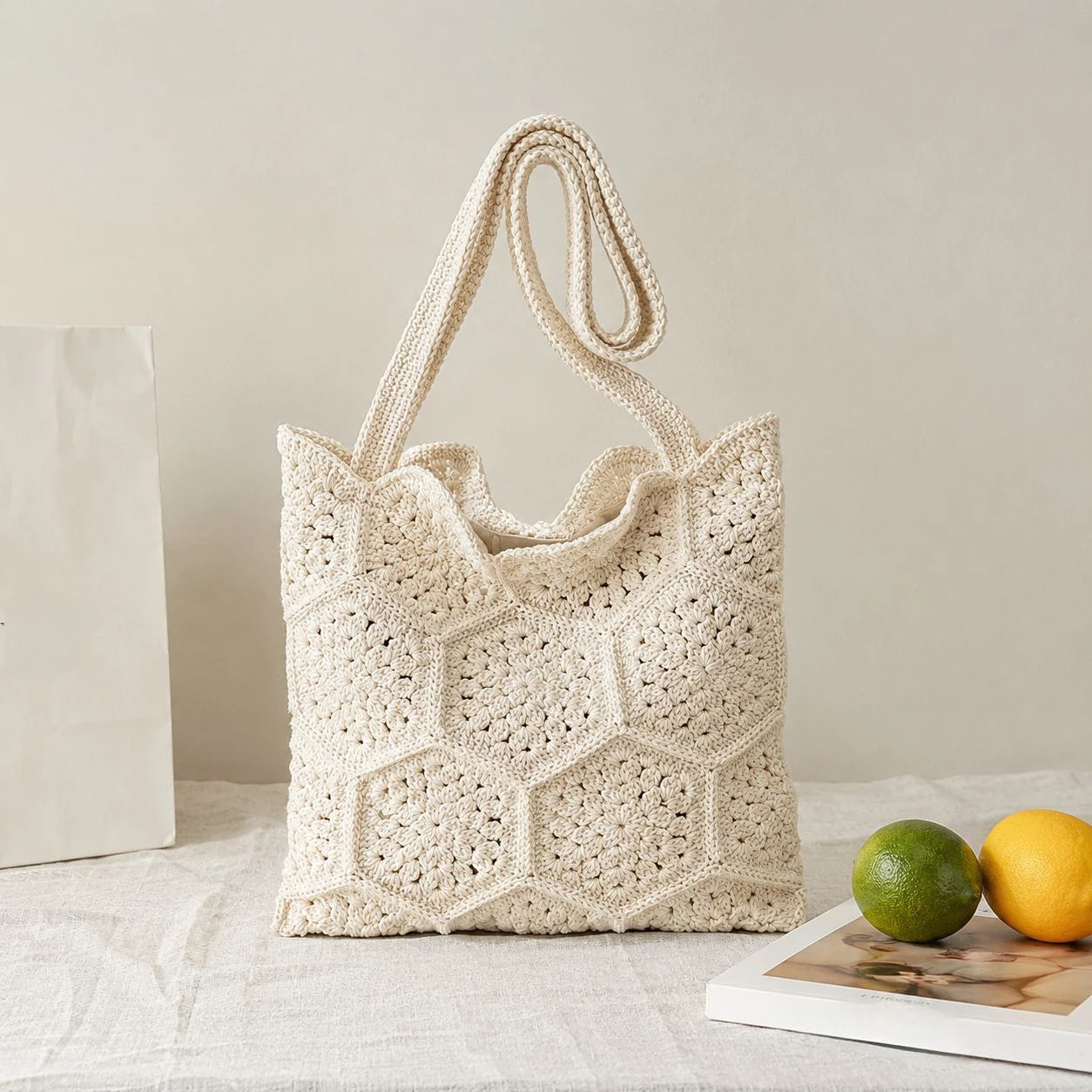 Handmade Cotton Thread Woven Granny Square Shoulder Bag Large Capacity For Women