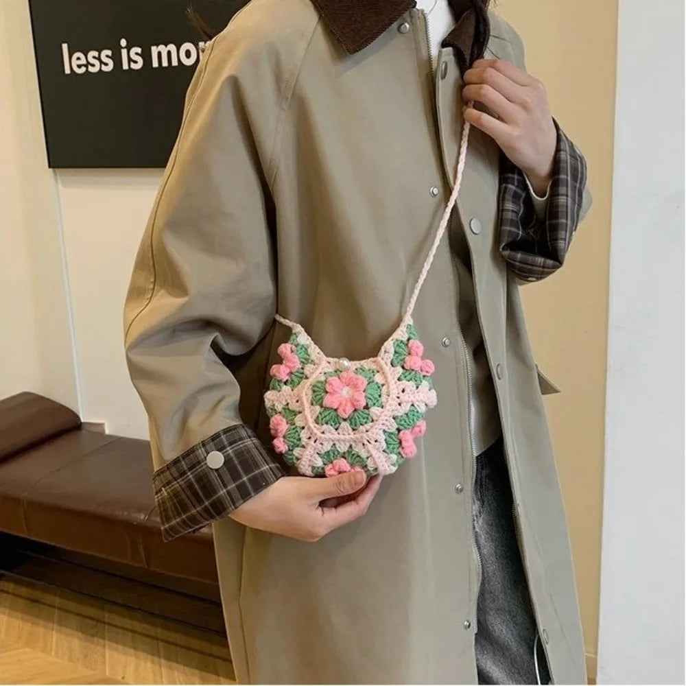 Sweet Handmade Crochet Crossbody Bag Flower Pattern Corduroy Shoulder Bag