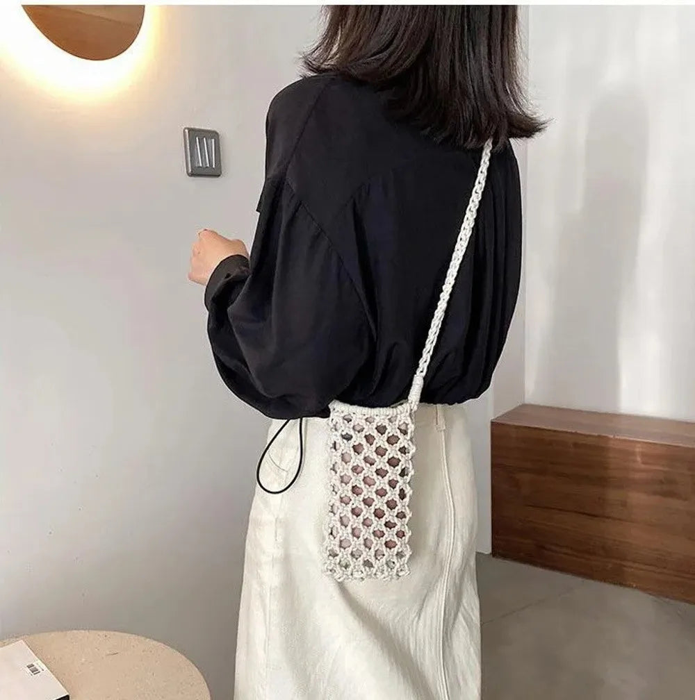 Hollow Out Woven Crochet Crossbody Phone Bag Women Lightweight Shoulder Bag