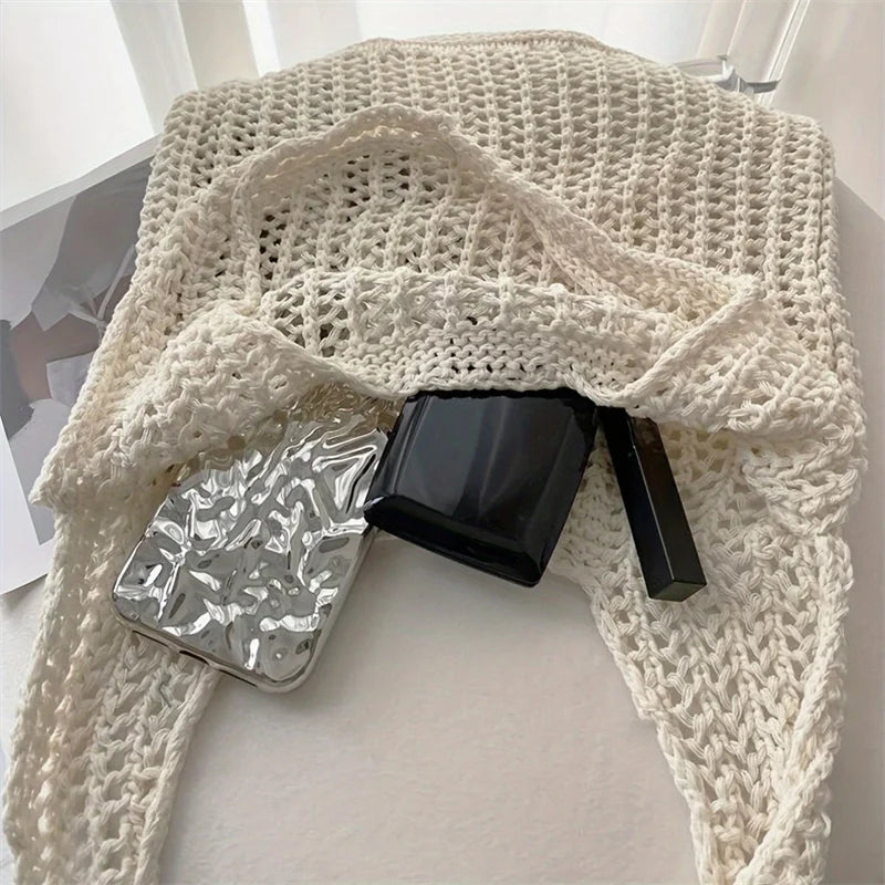 Yogodlns Solid Color Crochet Tote Shoulder Bag Bohemian Woven Handbag