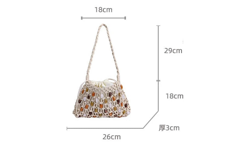 Hollow Beading Womens Shoulder Bag Rope Knitting Bohemian Crochet Mesh Tote Bag