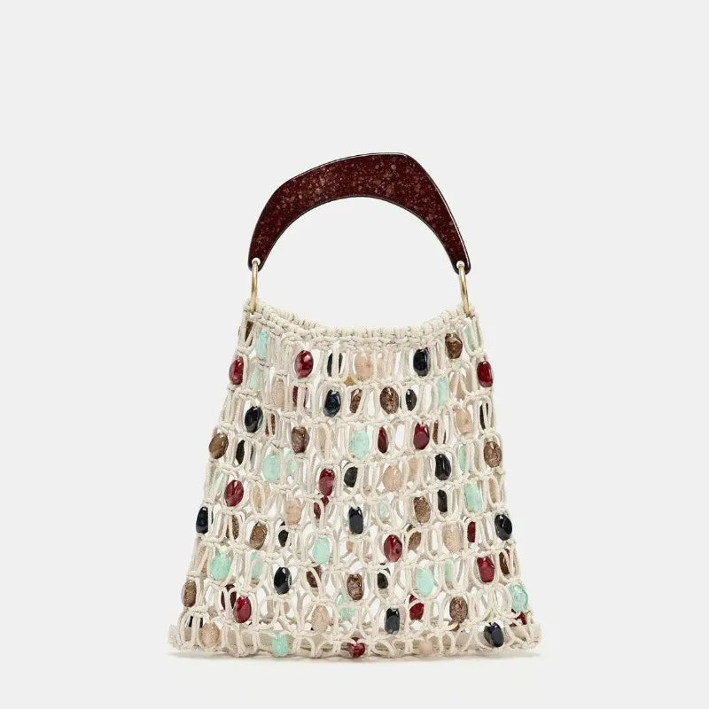 Bohemian Rope Crochet Women Bag Beading Beach Bag Handmade Woven Shoulder Bag