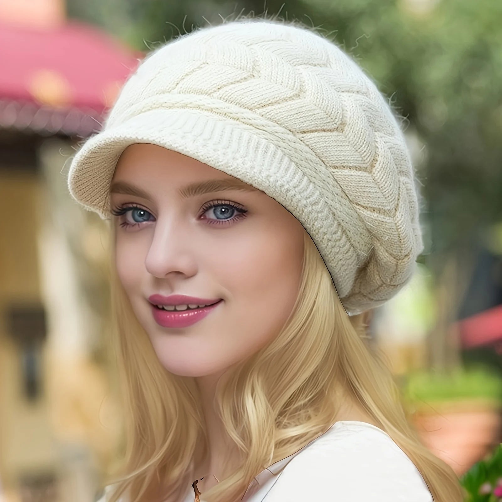 Bonnet en tricot d'hiver rétro pour femme avec visière pour la course à pied et le ski en extérieur