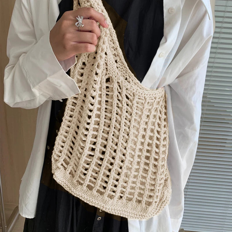 Solid Color Knitting Shoulder Bag Hollow Out Bohemian Crochet Tote For Women