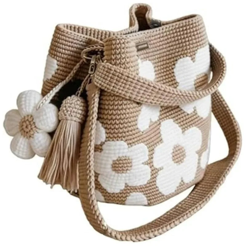 Sac cabas en crochet fait main avec fleurs, sac bandoulière, sac de plage bohème pour femme