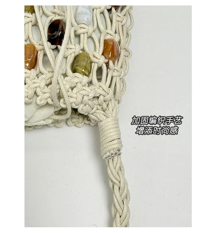 Hollow Beading Womens Shoulder Bag Rope Knitting Bohemian Crochet Mesh Tote Bag