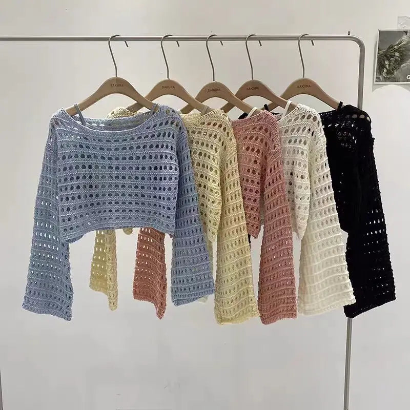 Boho Crochet Knit Long Sleeve Beach Cover Up For Women Vacation Top