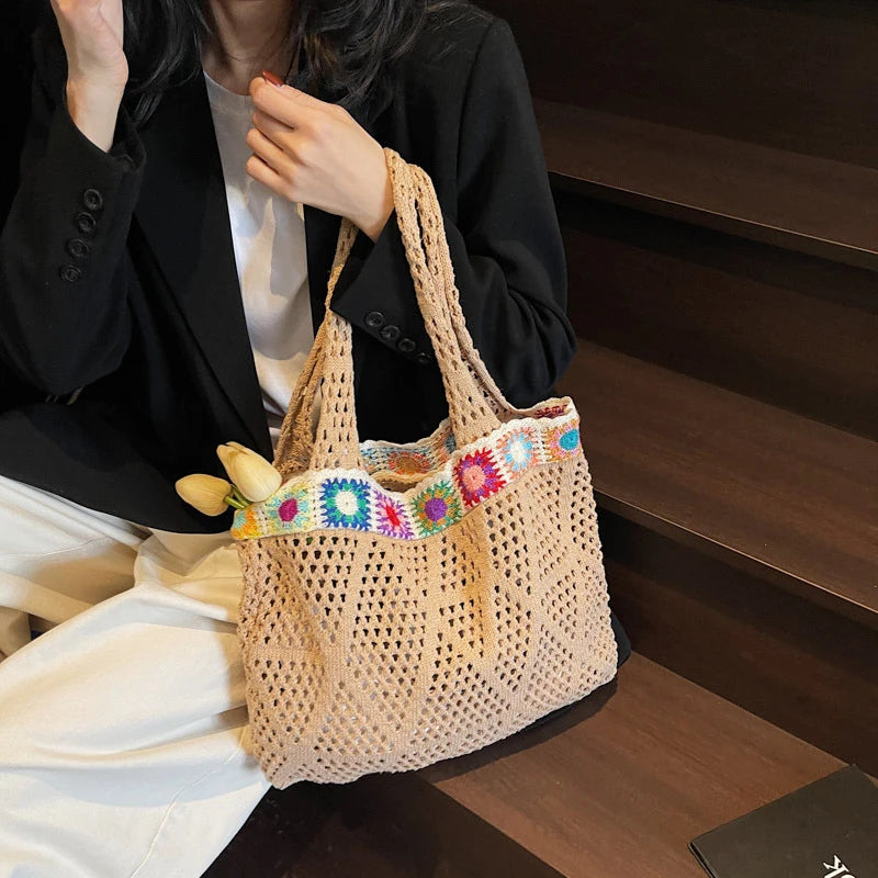 Bohemian Handmade Beach Tote Bag Beads Trim Straw Crochet Women Shoulder Bag