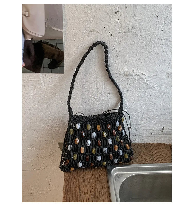 Hollow Beading Womens Shoulder Bag Rope Knitting Bohemian Crochet Mesh Tote Bag