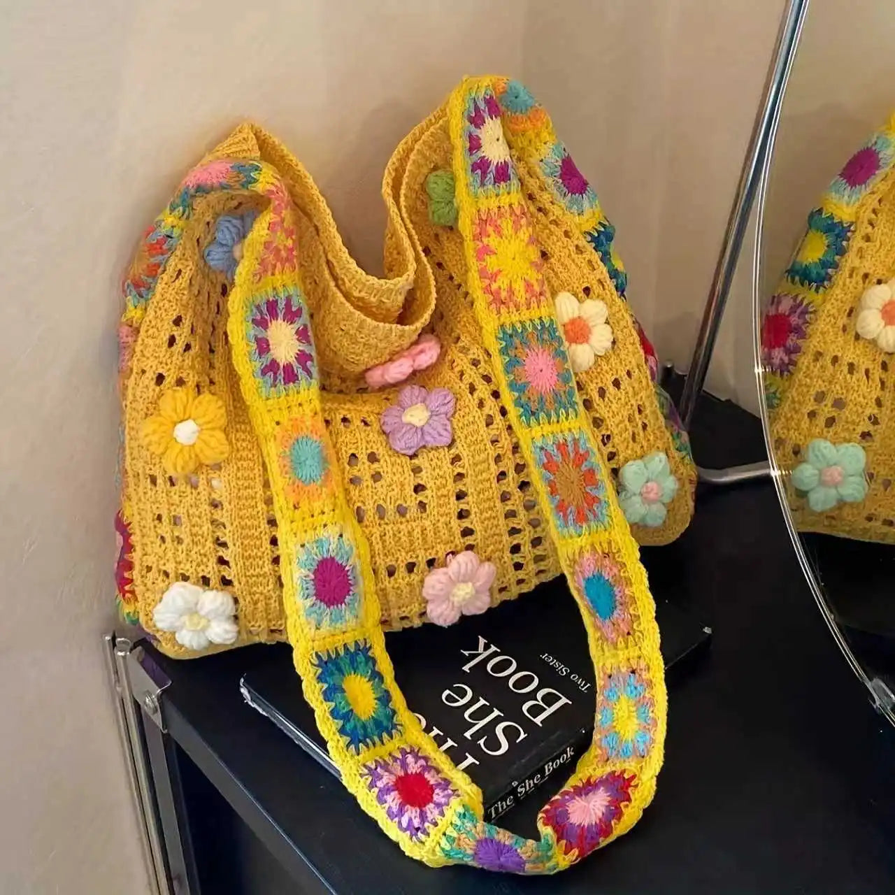 Sac fourre-tout tricoté pour femme Fait main Crochet Épaule Sac de plage Grande capacité Voyage