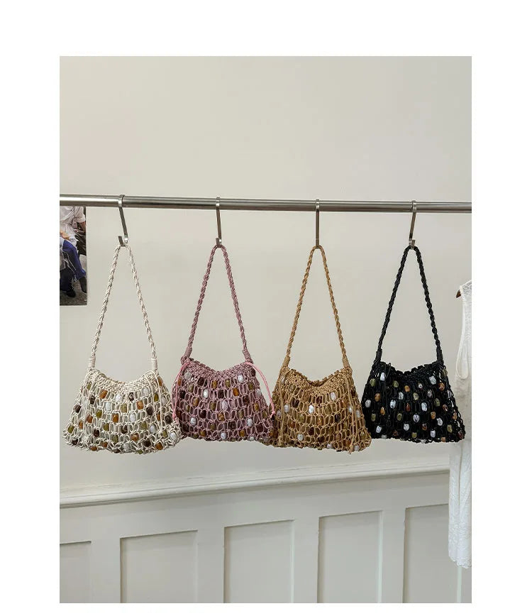 Hollow Beading Womens Shoulder Bag Rope Knitting Bohemian Crochet Mesh Tote Bag