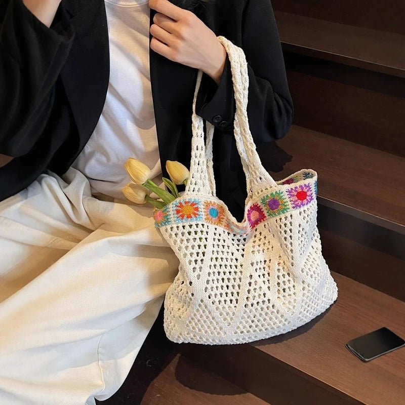 Bohemian Handmade Beach Tote Bag Beads Trim Straw Crochet Women Shoulder Bag
